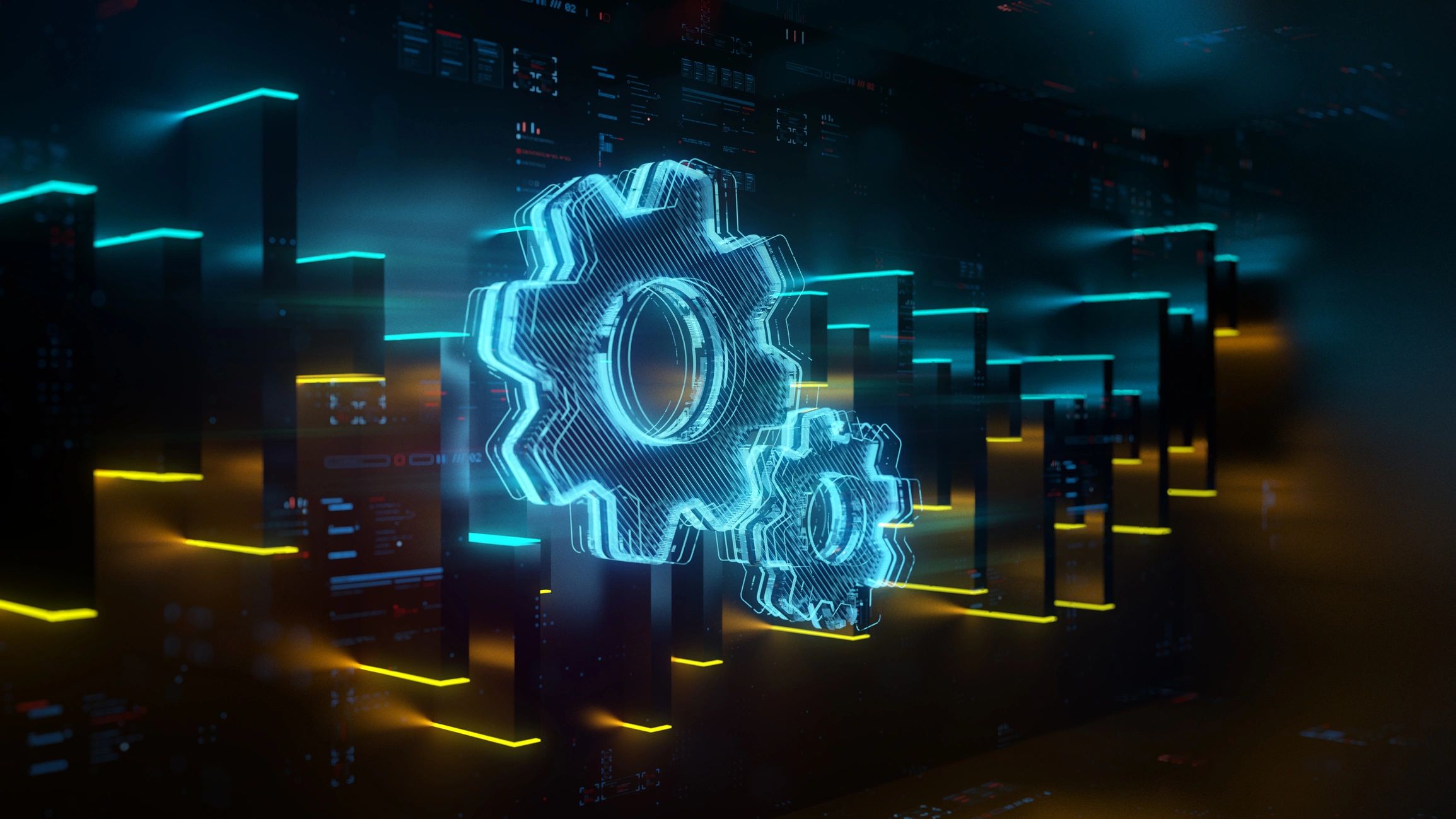 Futuristic workflow automation concept with digital gears